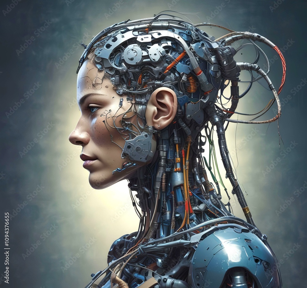 Technology illustration of cyborg with brain connections. Technology illustration of cyborg with brain connections.