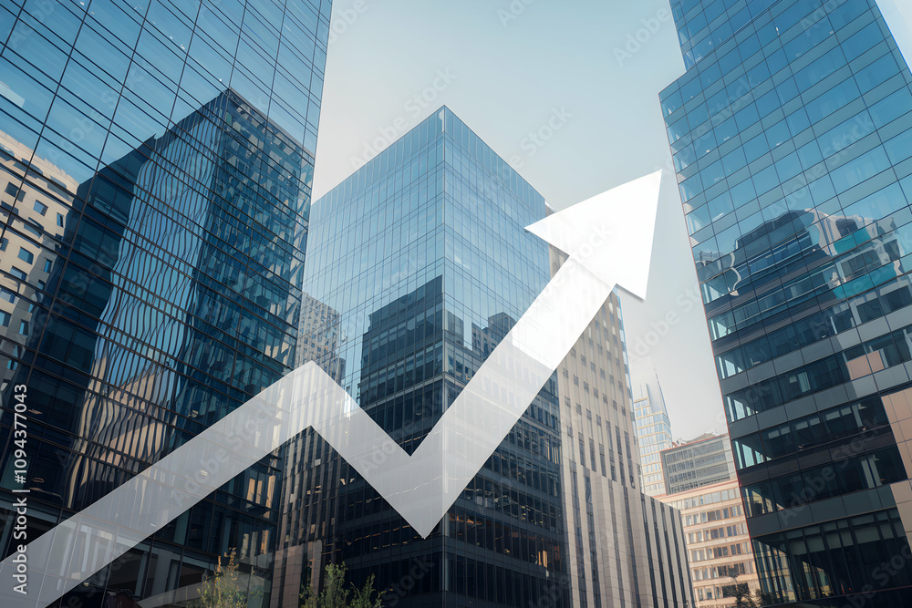 Modern urban landscape with glass buildings and rising arrow symbolizing growth. Modern urban landscape with glass buildings and rising arrow symbolizing growth.