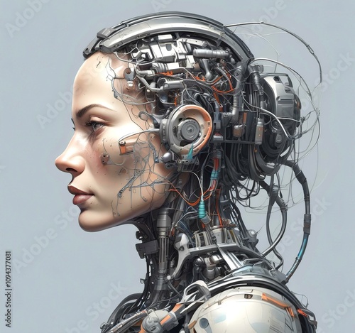 Technology illustration of cyborg with brain connections.