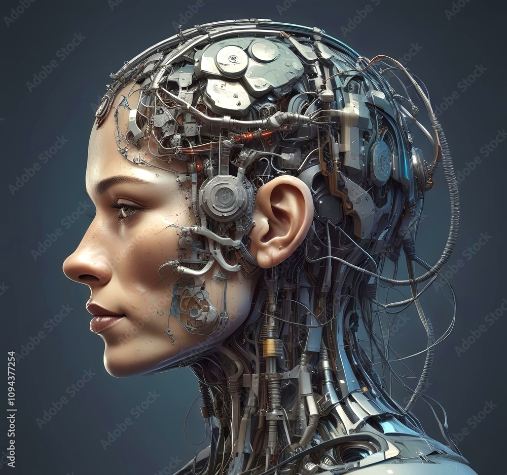 Technology illustration of cyborg with brain connections. Technology illustration of cyborg with brain connections.