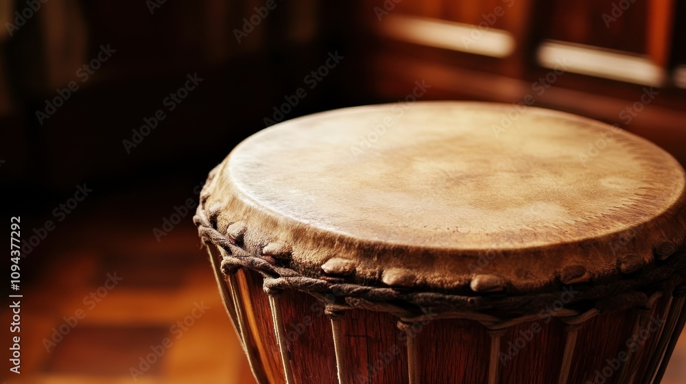 Close-up view of a traditional Chilean drum being played with skill against a wood backdrop Close-up view of a traditional Chilean drum being played with skill against a wood backdrop