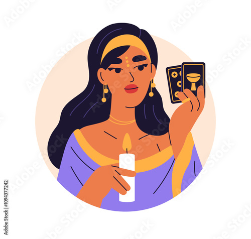 Mystic woman, tarot reader holding prediction cards and candle for divination and esoteric ritual. Fortune teller, circle avatar, portrait. Flat vector illustration isolated on white background