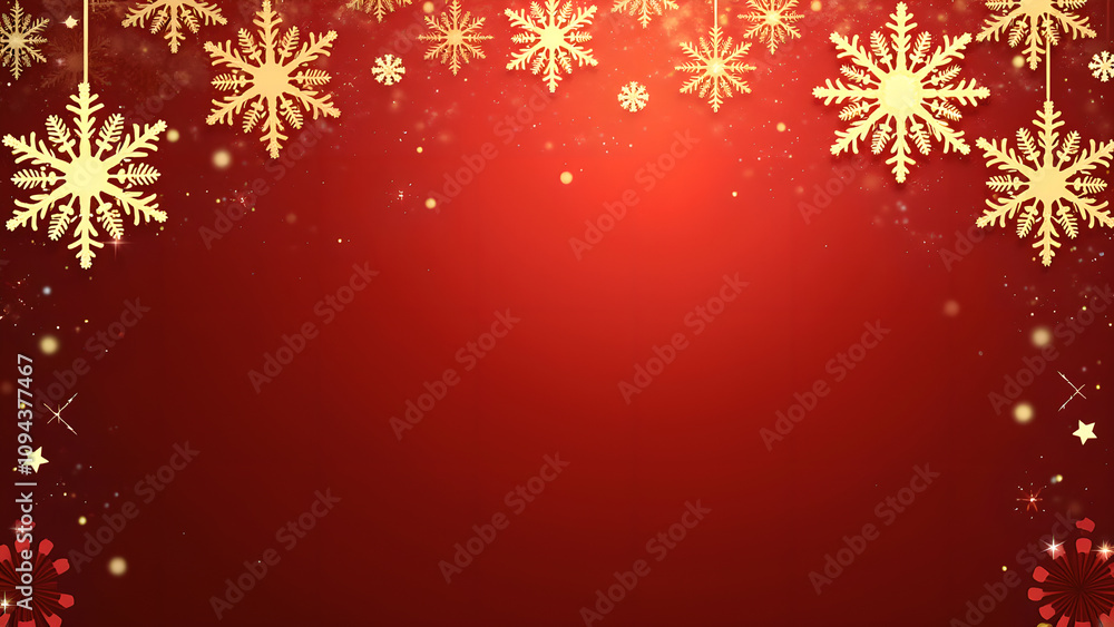 Red and Gold Christmas Background with Hanging Snowflakes Red and Gold Christmas Background with Hanging Snowflakes