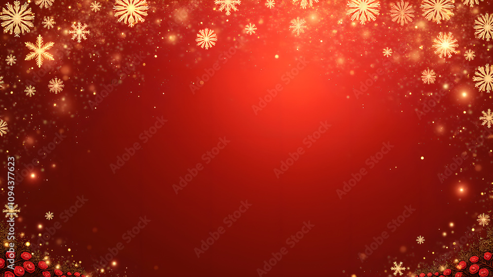 Red Christmas Background with Golden Snowflakes and Festive Decorations Red Christmas Background with Golden Snowflakes and Festive Decorations