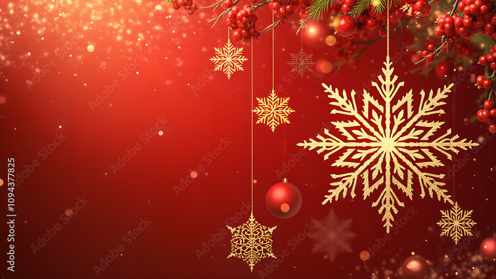 Golden snowflakes hanging on a red background with bokeh lights and berries for Christmas and winter holidays Golden snowflakes hanging on a red background with bokeh lights and berries for Christmas and winter holidays