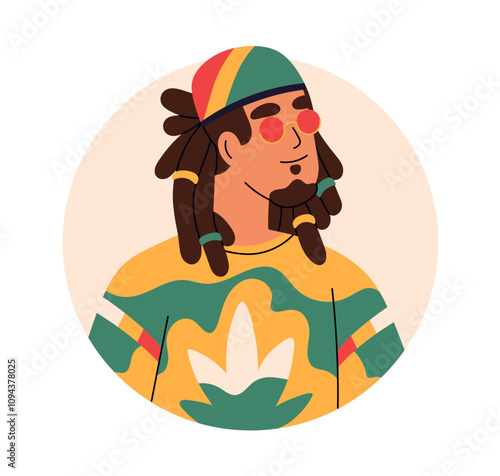 Man with dreadlocks in sunglasses and colorful headband, cannabis leaf on attire, reggae and Rastafari relaxed style. Cool character avatar. Flat vector illustration isolated on white background