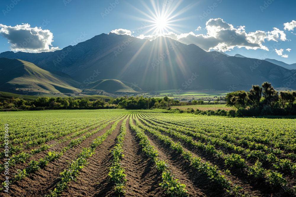 Lush Farming Field with Sunburst Over Mountains Lush Farming Field with Sunburst Over Mountains