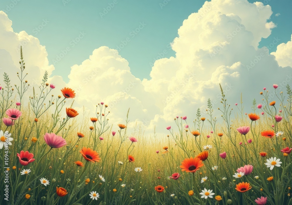 Fototapeta premium Colorful wildflower meadow under blue sky with fluffy clouds
