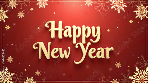 Happy New Year greeting card with golden text and snowflakes on red background