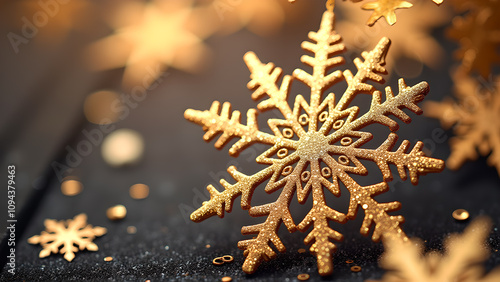 Closeup of golden glitter snowflake Christmas decoration on black background