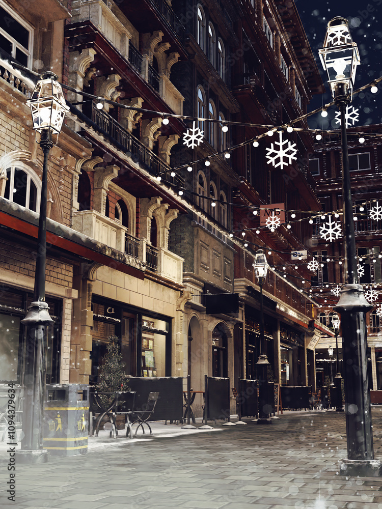 Fototapeta premium Snowy street in an old Victorian town with winter decorations, old buildings and lanterns. 3D illustration. Made from 3d resources and painted elements. No AI used.