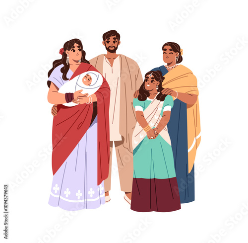 Big happy family of Indian nationality stands together. Parents, mom, father with kids in sari. Mother in traditional clothes of India holds baby, newborn. Flat isolated vector illustration on white
