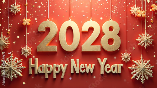 Golden 2028 Happy New Year Greeting with Snowflakes on Red Background
