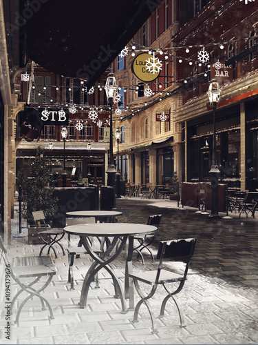 Snowy steet in a fantasy Victorian town with a table and chair and winter decorations at night. 3D illustration. Made from 3d resources and painted elements. No AI used. photo