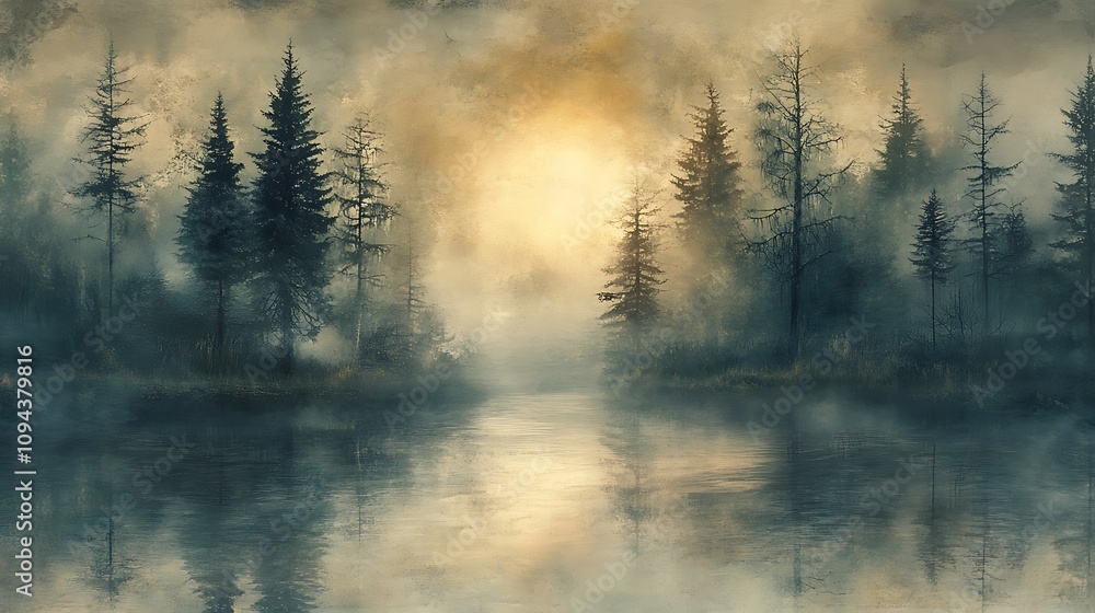 Misty sunrise over still lake nature photography tranquil landscape Misty sunrise over still lake nature photography tranquil landscape
