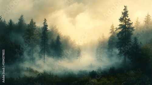 Misty forest landscape nature scene foggy atmosphere tranquil view