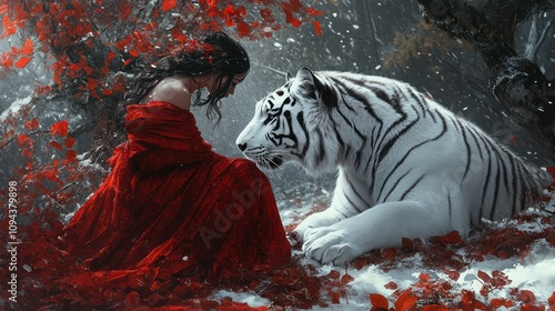 A fantasy witch woman princess with a white tiger with a red flower theme dress and decoration background wallpaper AI generated image
