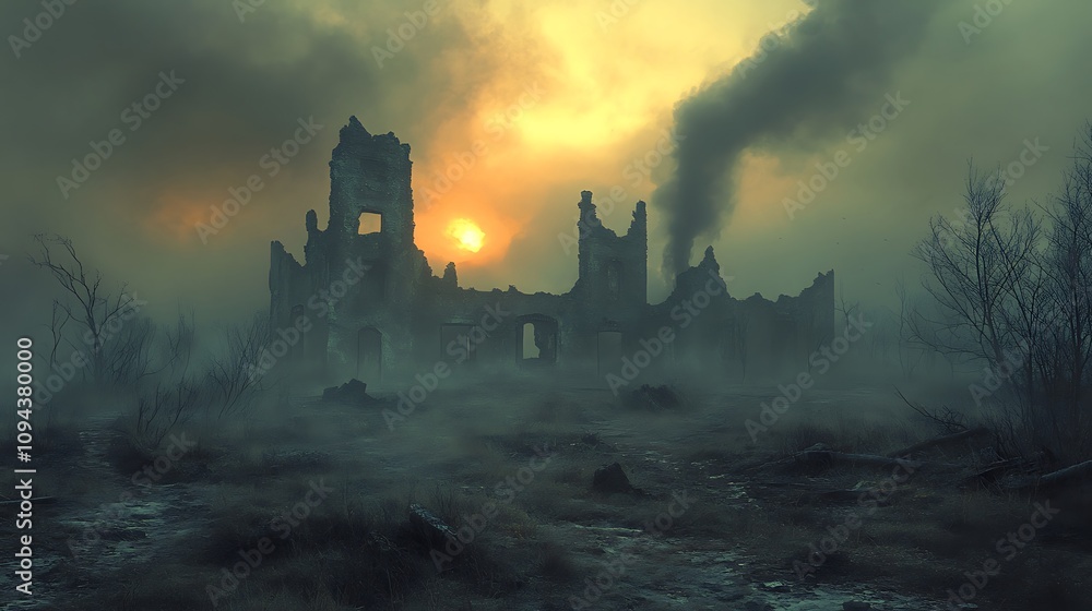 Naklejka premium Desolate ruins at sunset post-apocalyptic scene eerie atmosphere