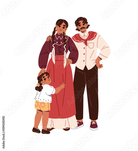 Happy family with kid of Mexican nationality. Mother, father and girl of South American. Parents with child in traditional Latino clothes stands together. Flat isolated vector illustration on white