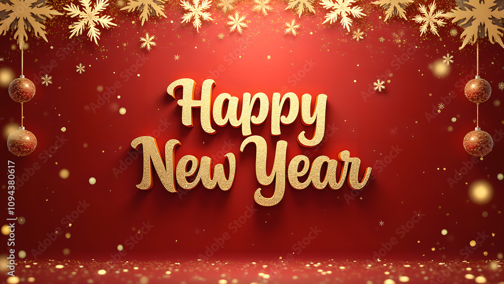 Happy New Year 3D text with snowflakes and ornaments. Holiday greeting background Happy New Year 3D text with snowflakes and ornaments. Holiday greeting background
