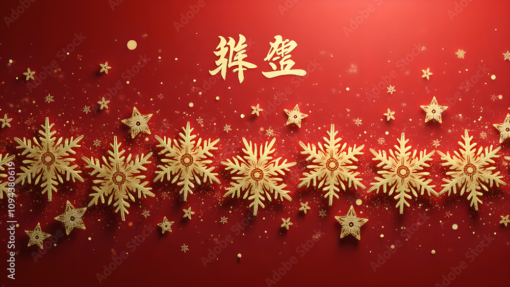 Gold snowflakes on a red background with Chinese New Year greeting Gold snowflakes on a red background with Chinese New Year greeting