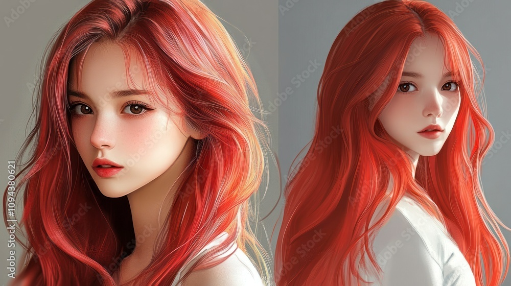 The young girl character with long red hair looks elegantly beautiful face model background wallpaper AI generated image The young girl character with long red hair looks elegantly beautiful face model background wallpaper AI generated image