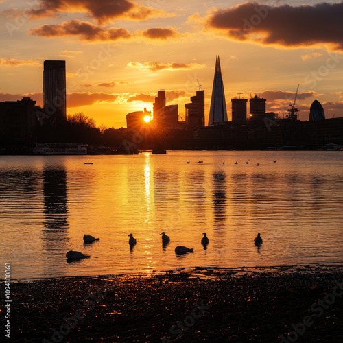 A stunning view of the city skyline silhouetted against a vibrant, orange-hued sunset, capturing the beauty and tranquility of an urban sunset on the water's edge n London UK photo