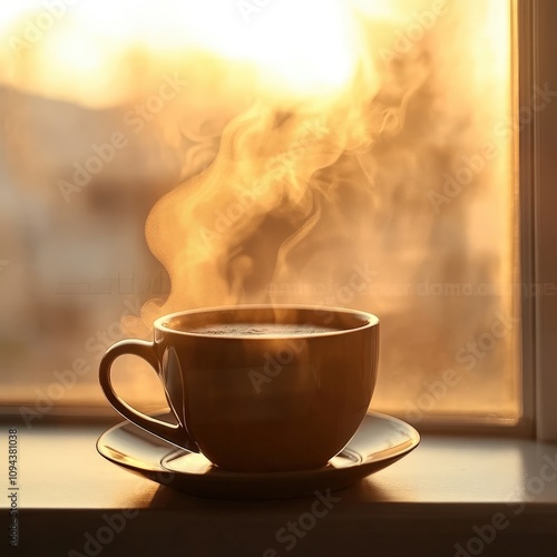 Cozy Morning Coffee in a Prefect Cup Beside a Sunlit Window with Steam Gently Rising from the Beverage and a Soft Background Blur photo