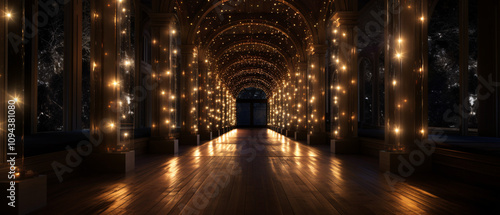 A hallway with a large floor, illuminated by many lights, creating a bright atmosphere.

