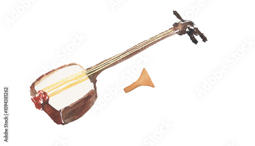 水彩で描いた三味線のイラスト