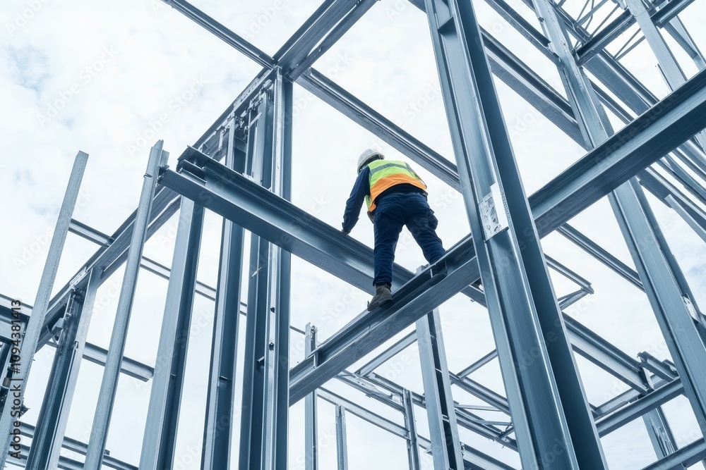 Worker on high steel building framework.