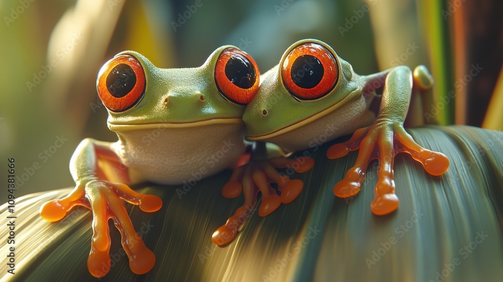 Dancing frogs in tropical rainforest close-up photography nature lush environment vibrant colors animal behavior Dancing frogs in tropical rainforest close-up photography nature lush environment vibrant colors animal behavior