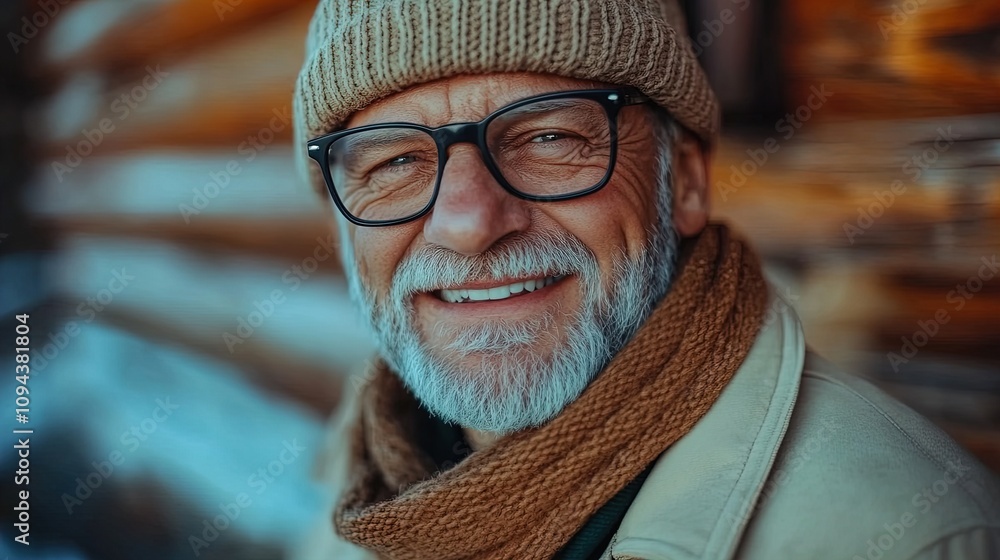 Charming Portrait of a Smiling Older Man in Beige Knit Hat and Scarf – Perfect for Sports Interior Posters or Warm, Rustic Decor Charming Portrait of a Smiling Older Man in Beige Knit Hat and Scarf – Perfect for Sports Interior Posters or Warm, Rustic Decor