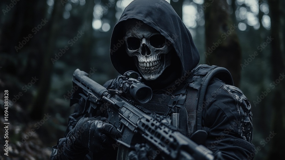 Special army forces soldier in scary skull mask with hood and black uniform, holding rifle background wallpaper AI generated image Special army forces soldier in scary skull mask with hood and black uniform, holding rifle background wallpaper AI generated image