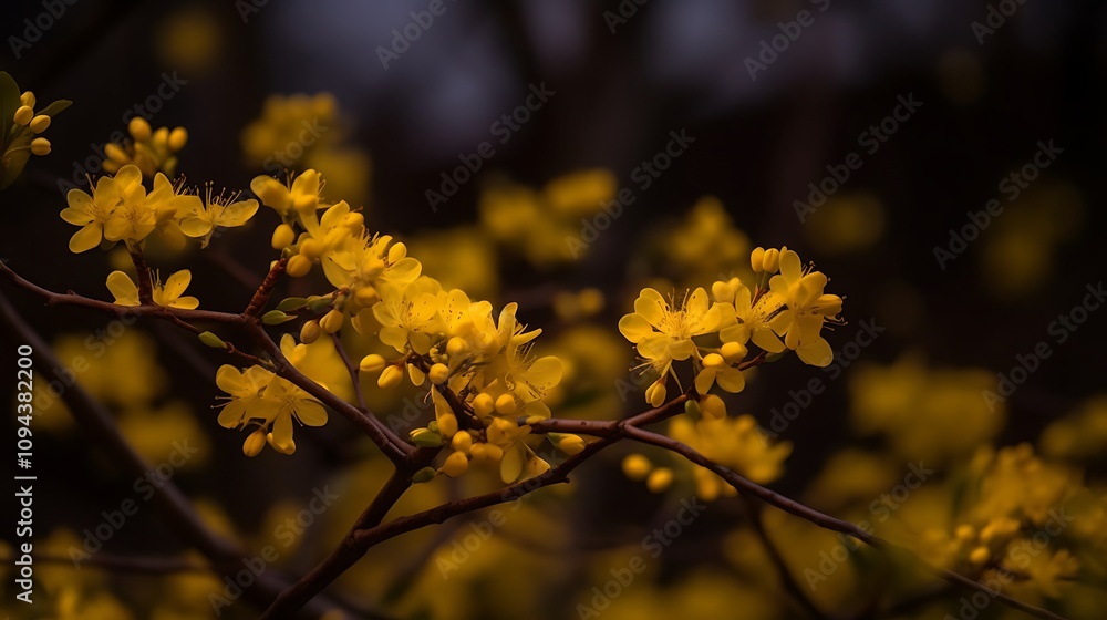 Yellow Flowers Blooming On A Branch In Nature Yellow Flowers Blooming On A Branch In Nature