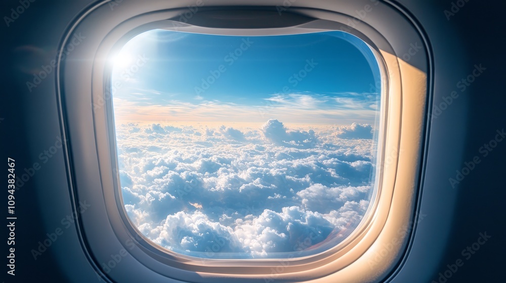 Airplane window view of sunlit cloudscape above. Airplane window view of sunlit cloudscape above.