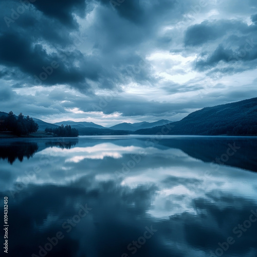 Beautiful scene of lake. Dark blue and cloudy. Very calming image.