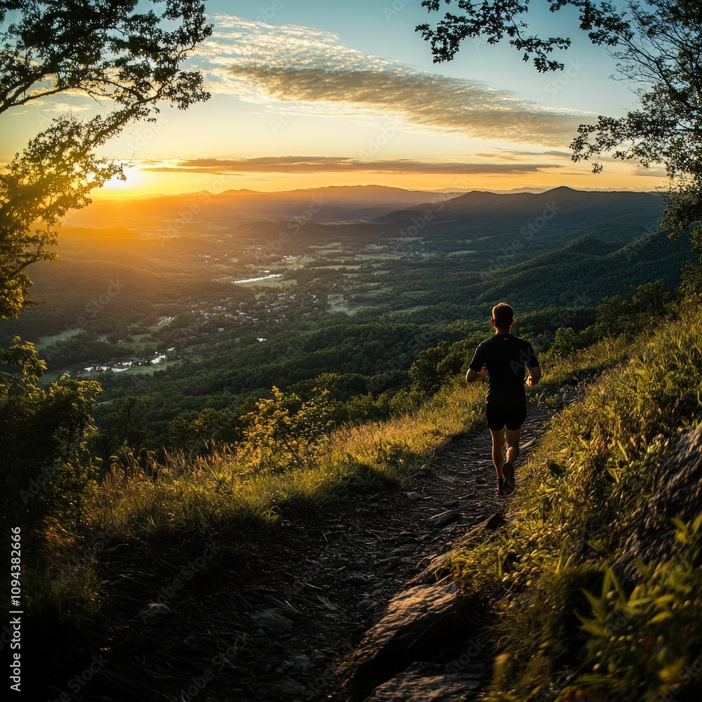 Obraz premium Runner on a Scenic Trail at Sunset with Vibrant Sky and Lush Green Mountains in the Background, Capturing Outdoor Adventure and Serenity