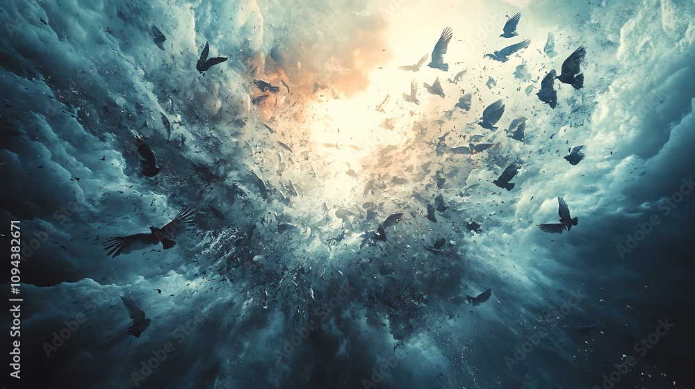 Birds soaring through turbulent skies nature digital art dreamlike Birds soaring through turbulent skies nature digital art dreamlike