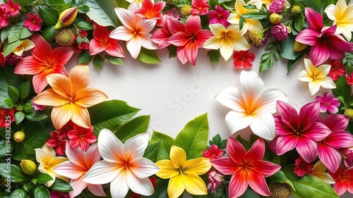 Exotic floral banner made of a mix of real and artificial flowers with lush greenery arranged in an asymmetrical pattern, tropical decor, colorful blooms