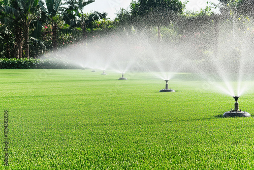 Automatic sprinkler system watering green grass on golf course photo