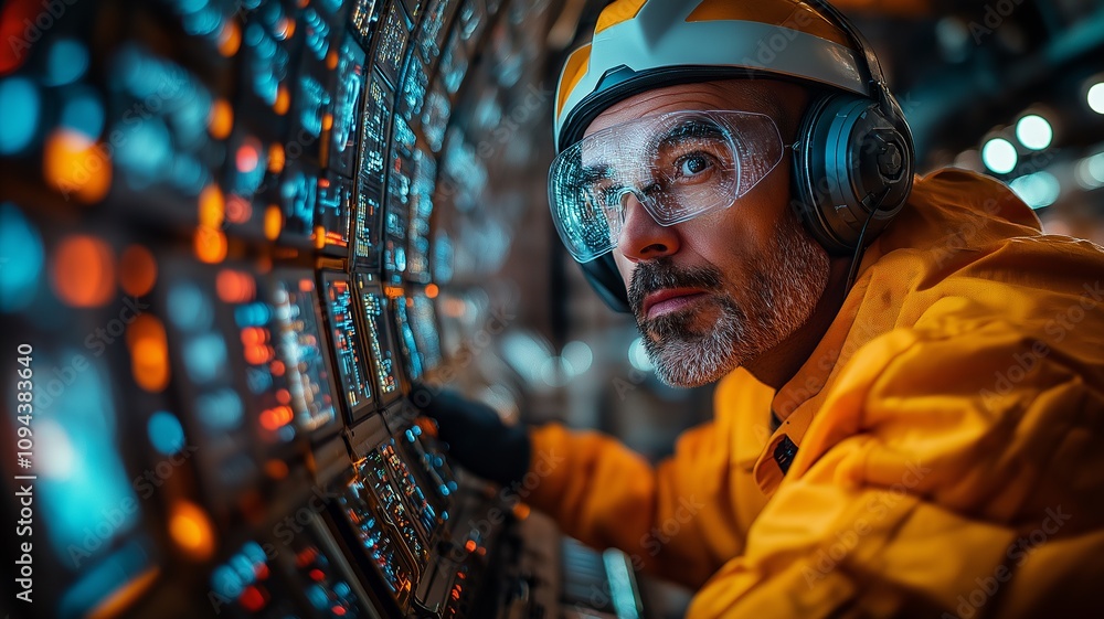 Engineer Operating High Tech Controls in Futuristic Control Room Environment. Generative AI Engineer Operating High Tech Controls in Futuristic Control Room Environment. Generative AI