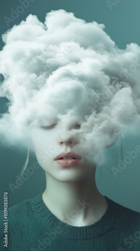 Surreal portrait of a caucasian woman with clouds obscuring her face