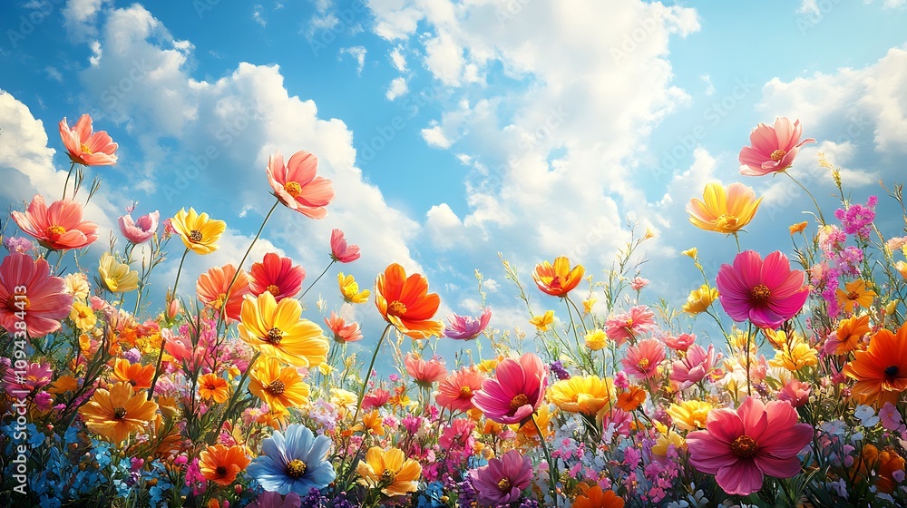 Vibrant flower field blooms nature landscape colorful sky view Vibrant flower field blooms nature landscape colorful sky view