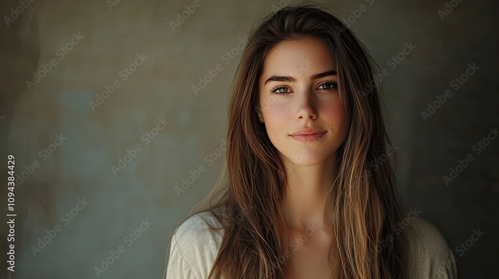 Portrait of a beautiful woman with long brown hair, radiating elegance and charm. This captivating portrait of a beautiful woman offers ample copy space for creative use. Portrait of a beautiful woman with long brown hair, radiating elegance and charm. This captivating portrait of a beautiful woman offers ample copy space for creative use.