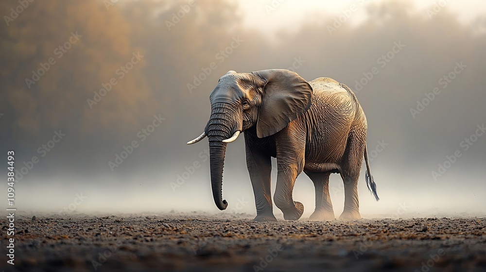 Fototapeta premium Lone Elephant Traversing Arid Cracked Landscape with Dust Swirling in Clean White Backdrop