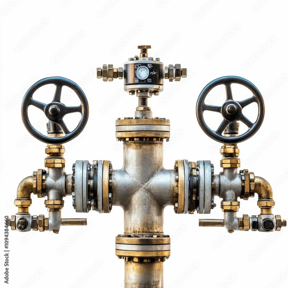 Fototapeta premium Industrial pipe system with valves and gauge.
