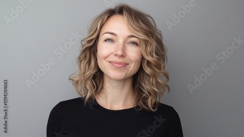 Portrait of a lovely, attractive female with wavy hair, wearing a black t-shirt, radiating cheerfulness against a gray background. Ideal for creative use with ample copy space.