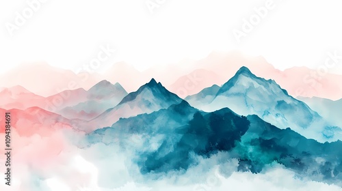 Traditional Chinese watercolor blue pink green mountain illustration poster background