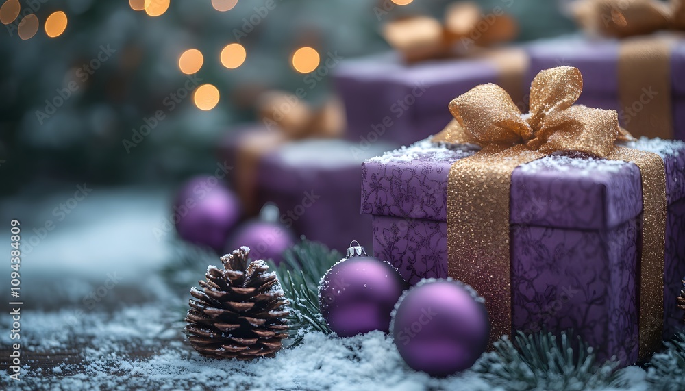 Purple christmas gifts and decorations. Snowy and blurred background. Purple christmas gifts and decorations. Snowy and blurred background.
